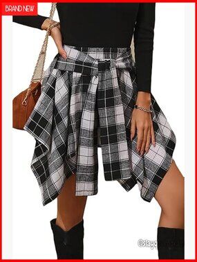 Plaid Asymmetrical Mini Skirt High Waist Elastic Tie Front Pleated